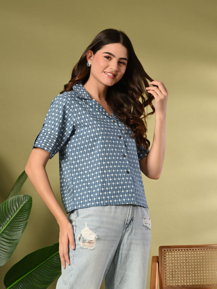 Blue Printed Cotton Shirt Style Crop Top