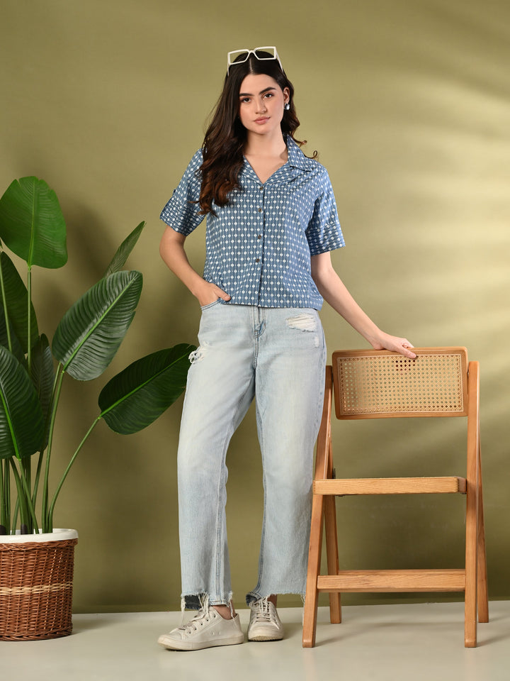 Blue Printed Cotton Shirt Style Crop Top