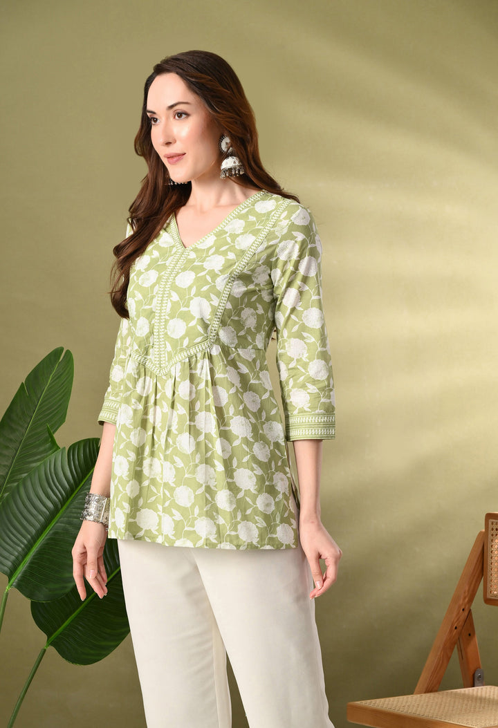 Green Floral Print A-Line Cotton Top