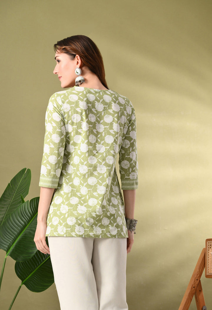Green Floral Print A-Line Cotton Top