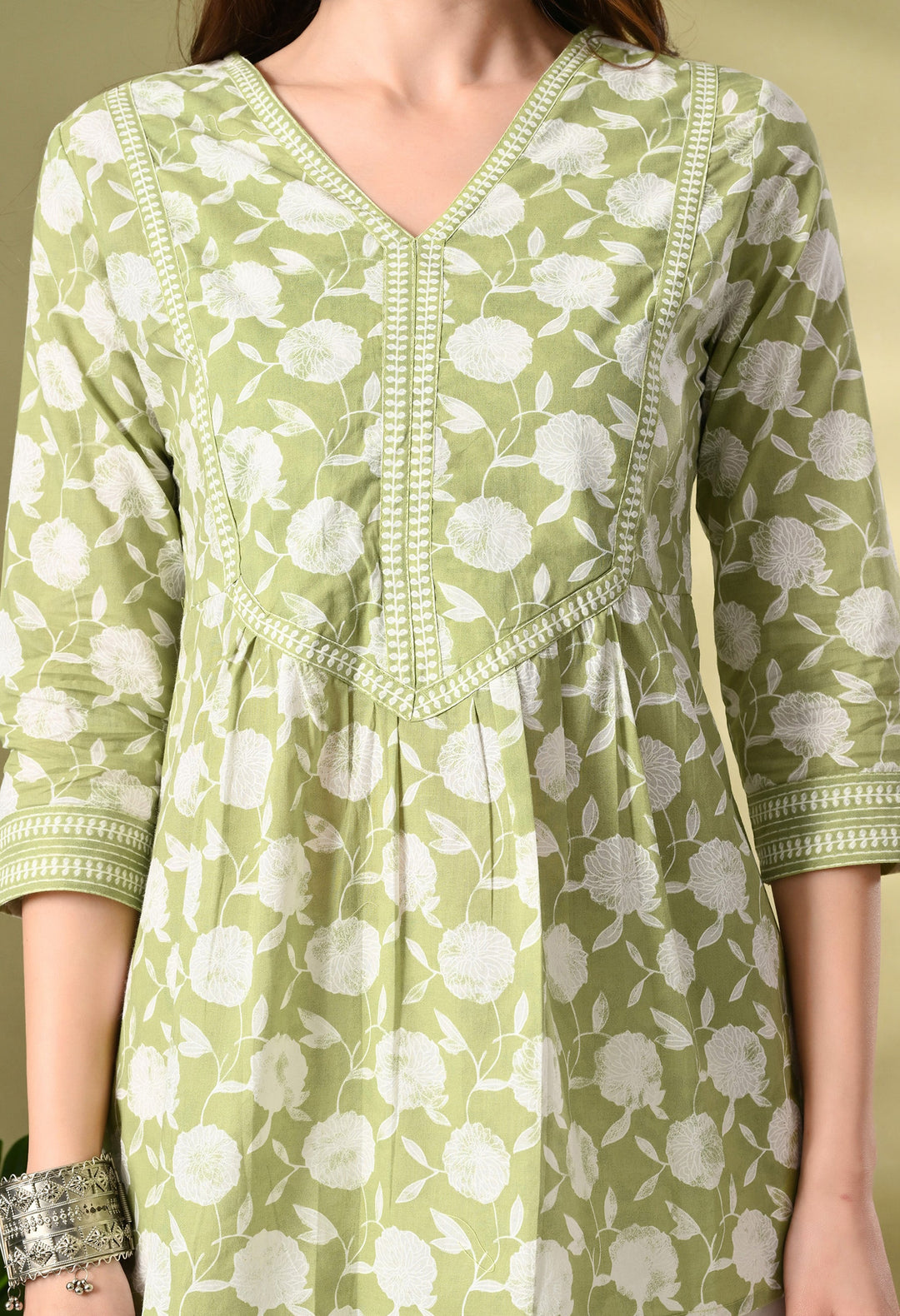 Green Floral Print A-Line Cotton Top