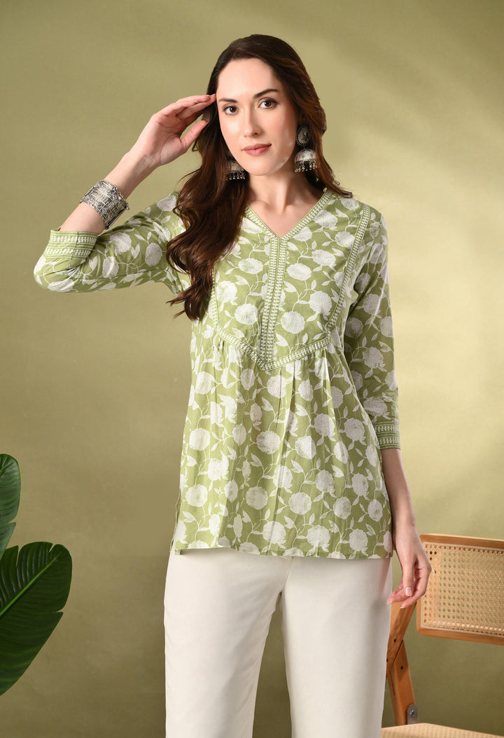 Green Floral Print A-Line Cotton Top