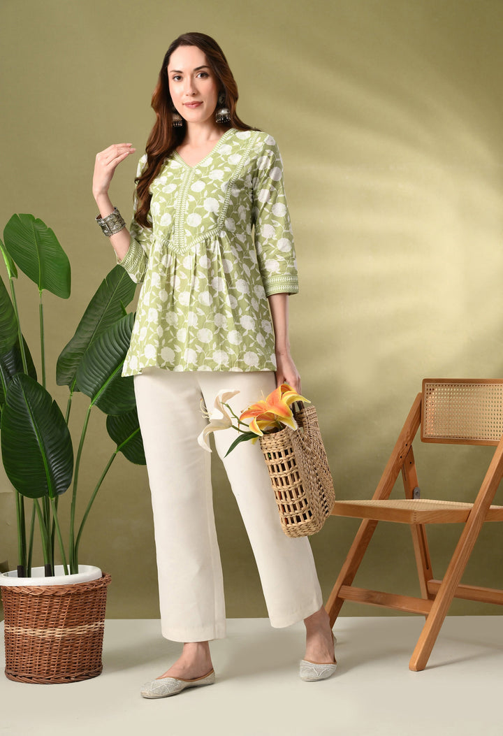 Green Floral Print A-Line Cotton Top