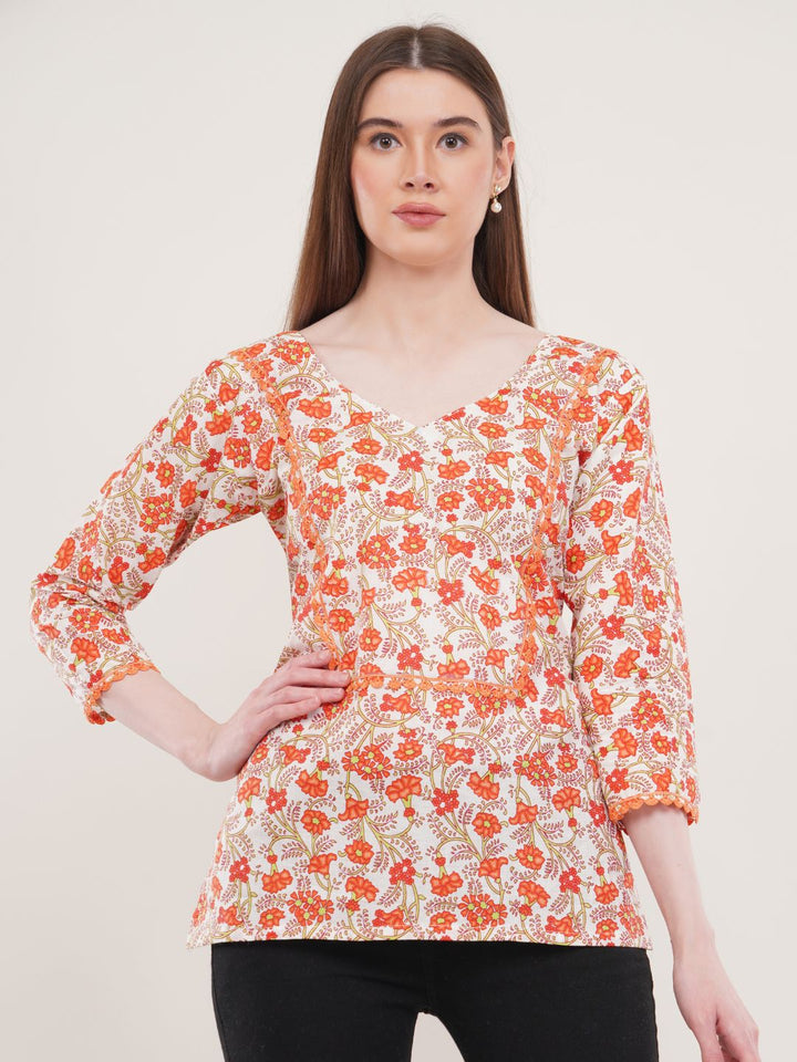 Orange Floral Print Cotton Tunic