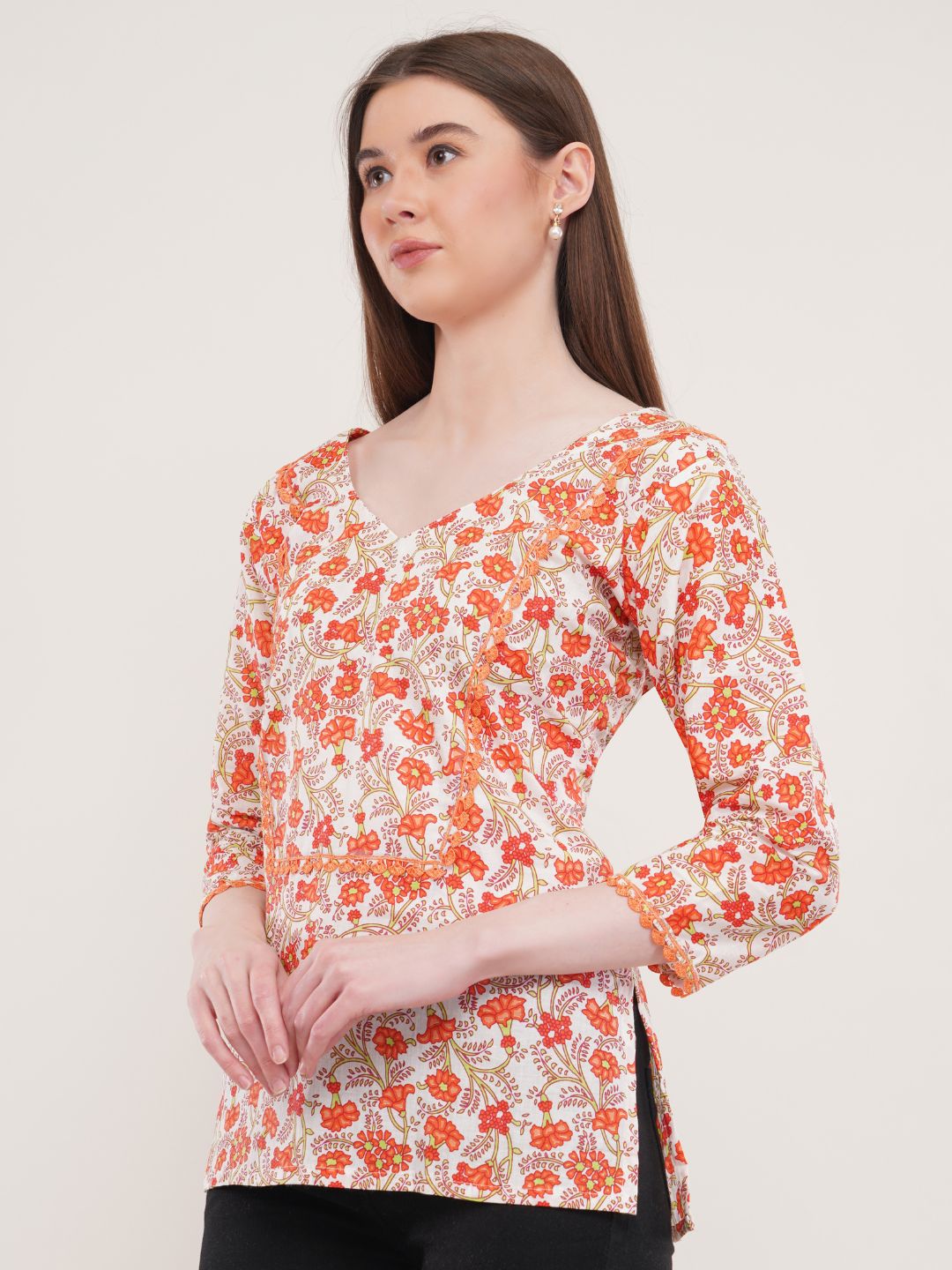 Orange Floral Print Cotton Tunic