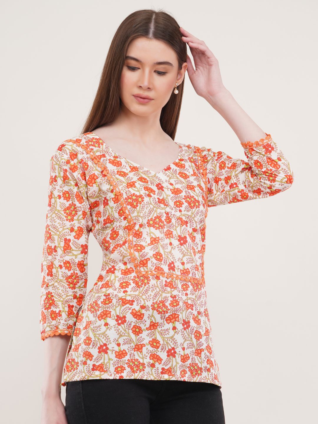 Orange Floral Print Cotton Tunic