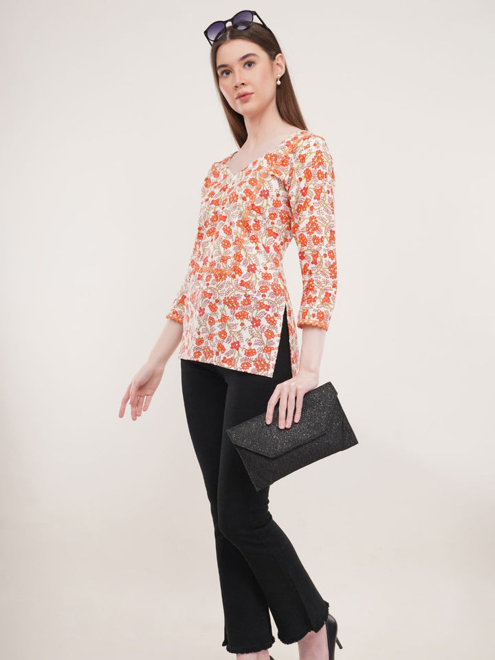 Orange Floral Print Cotton Tunic