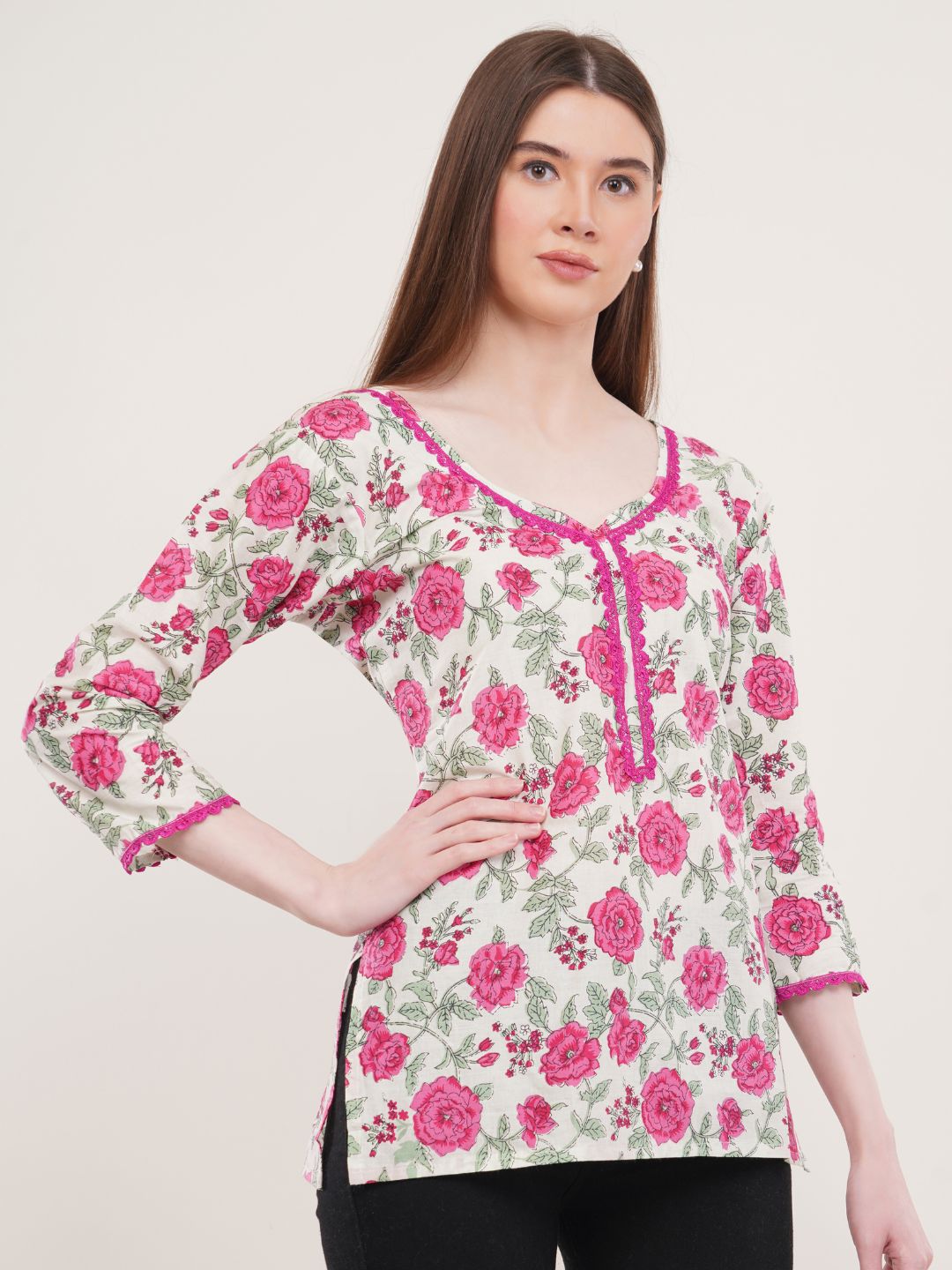 Pink Floral Print A-Line Top