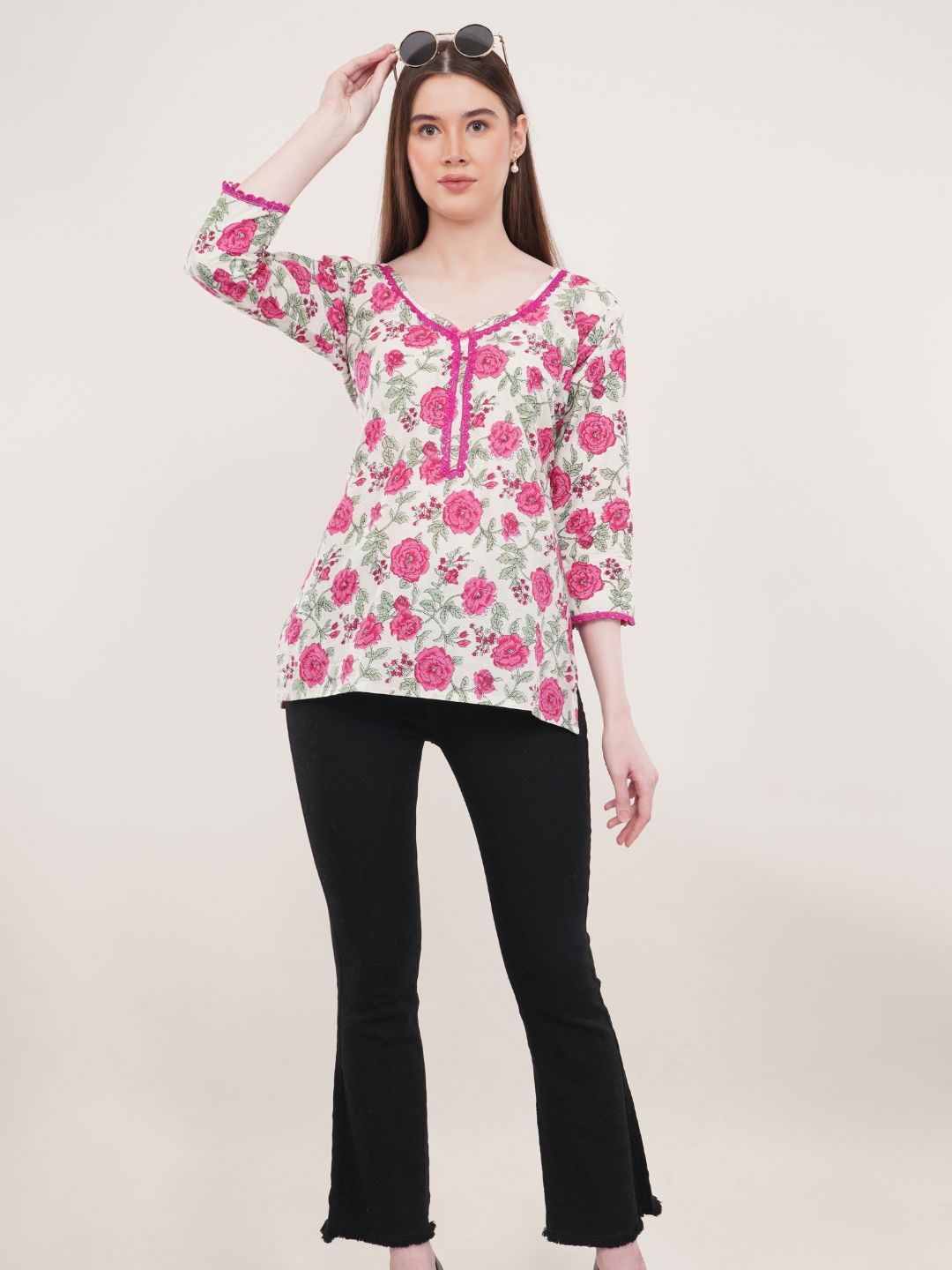 Pink Floral Print A-Line Top