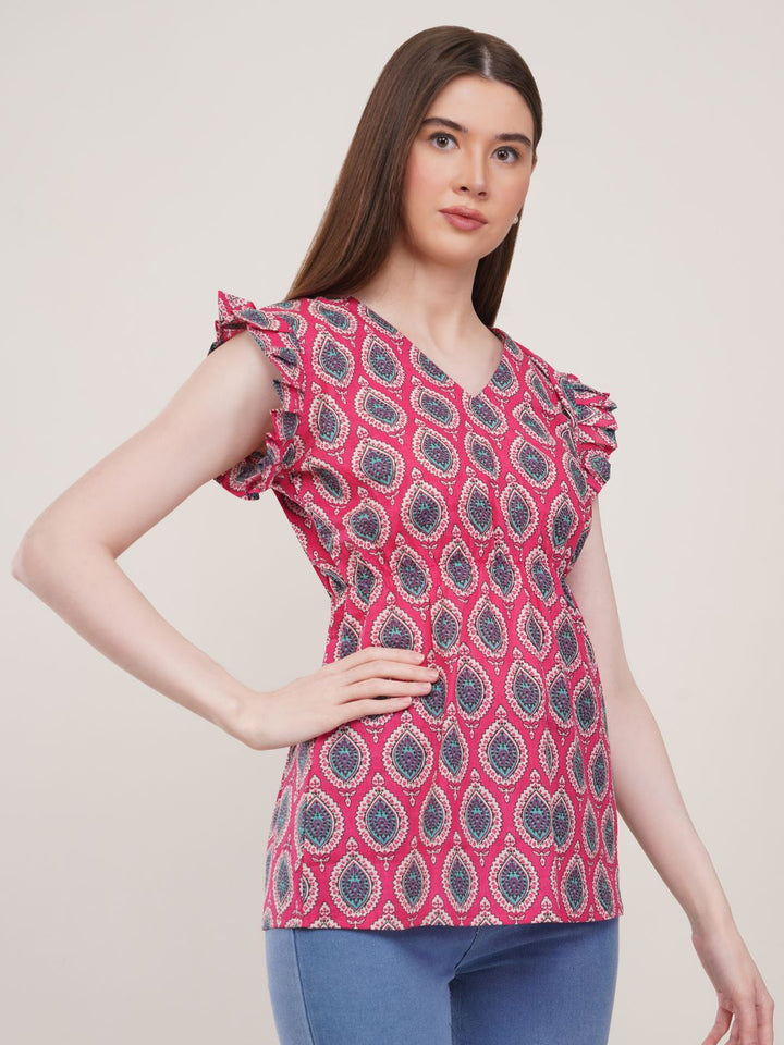 Pink Printed Cotton Flared Top