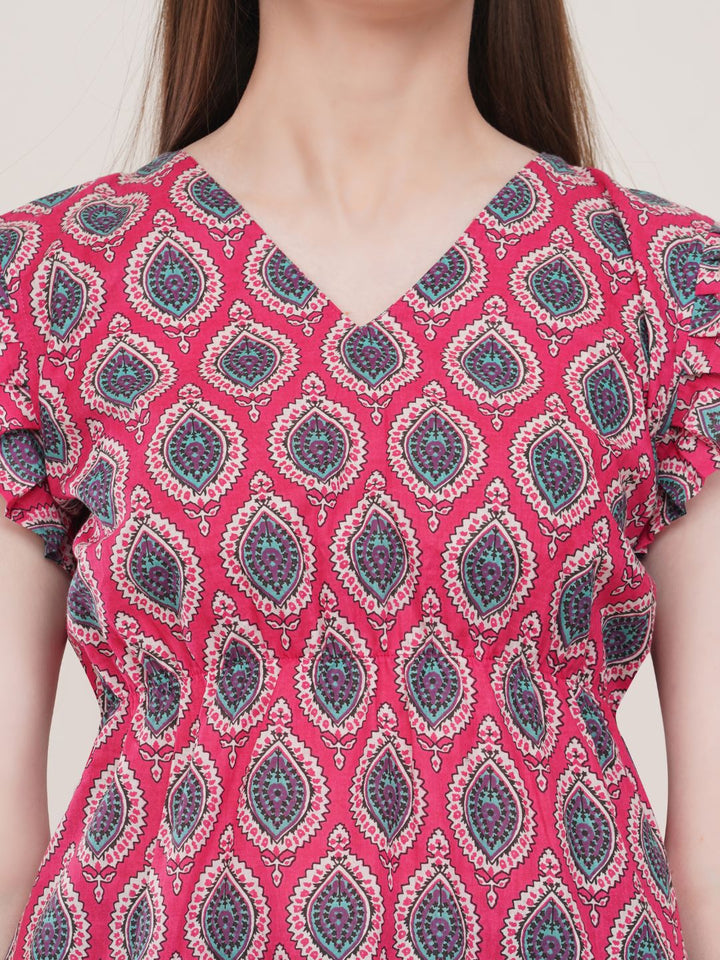 Pink Printed Cotton Flared Top