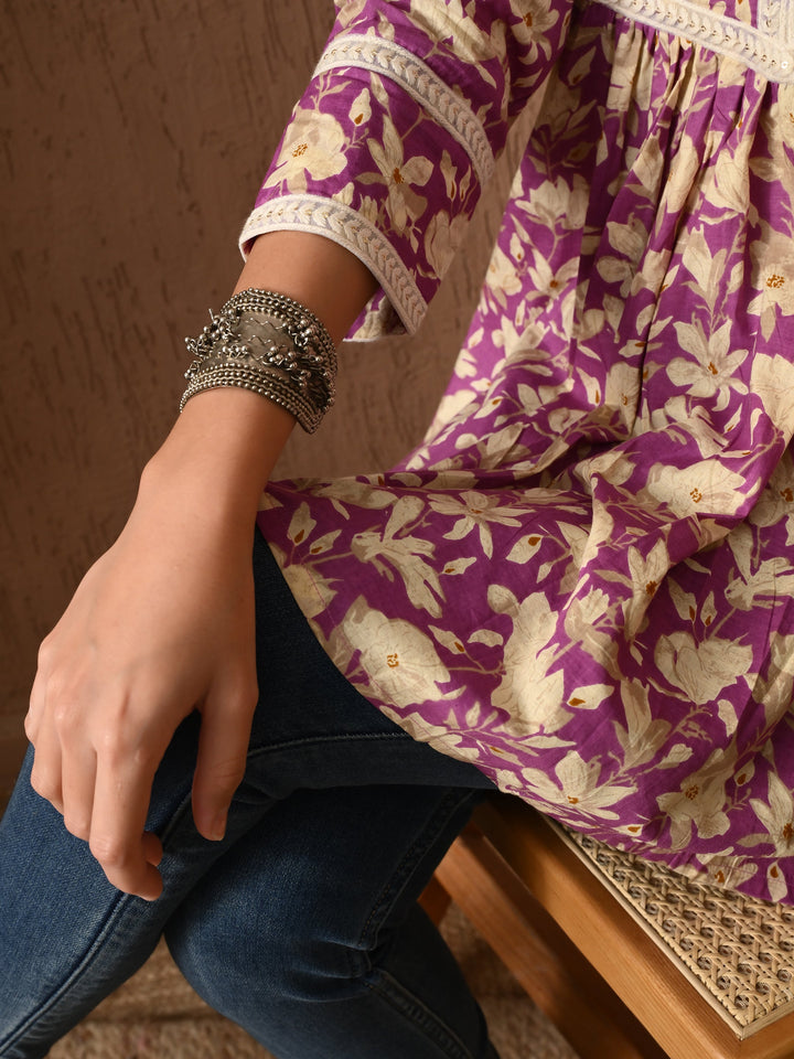 Purple Floral Print Lace Work cotton Top