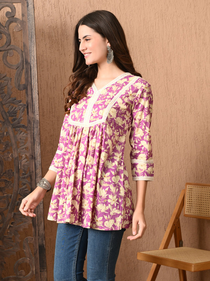 Purple Floral Print Lace Work cotton Top