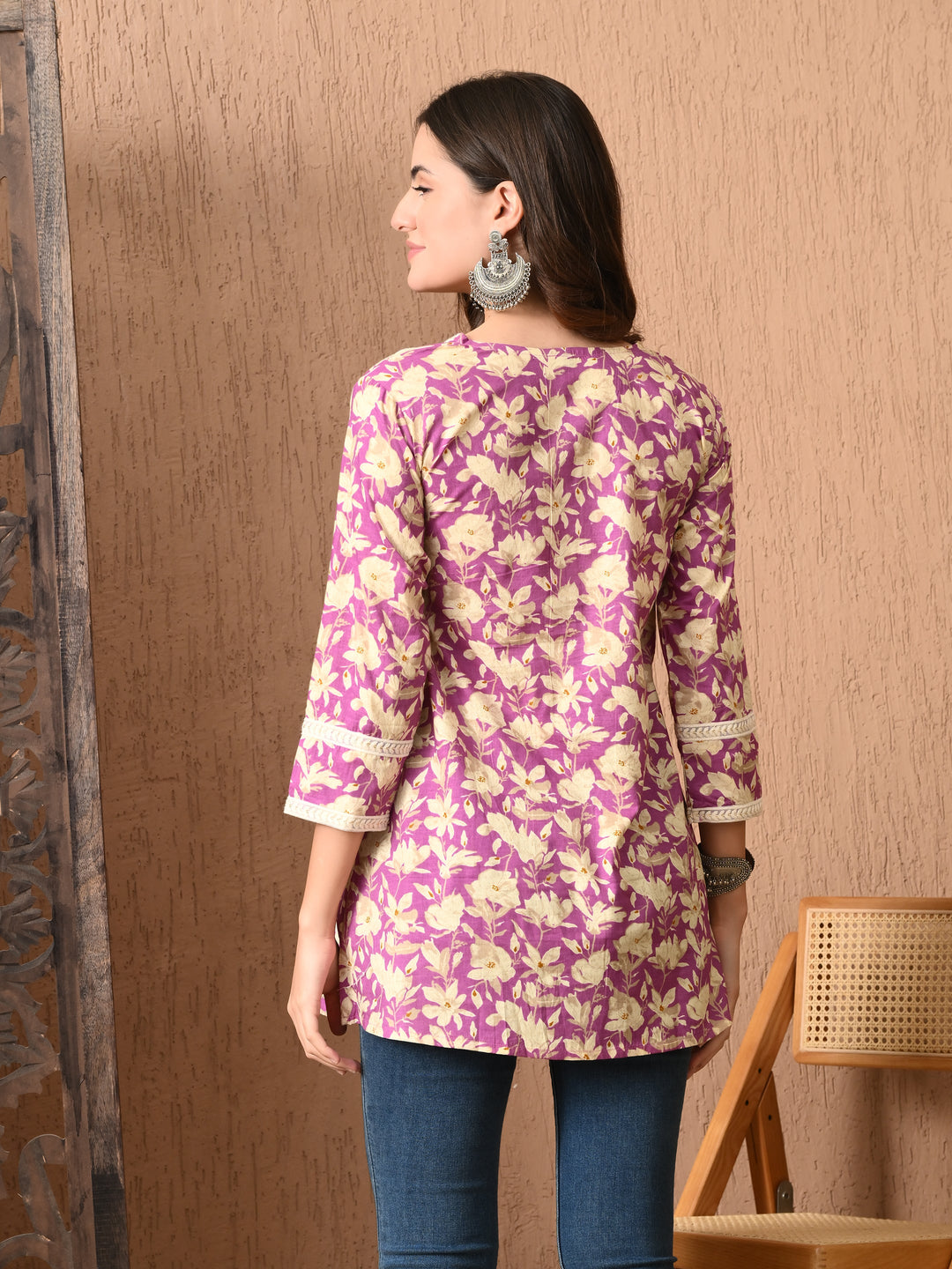 Purple Floral Print Lace Work cotton Top