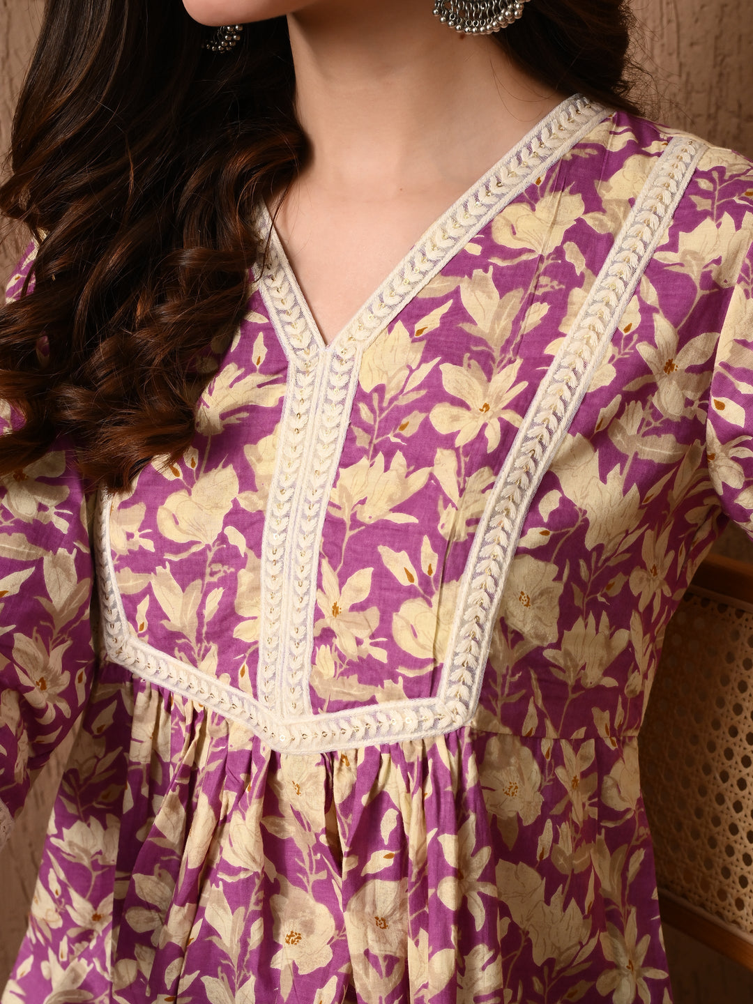 Purple Floral Print Lace Work cotton Top