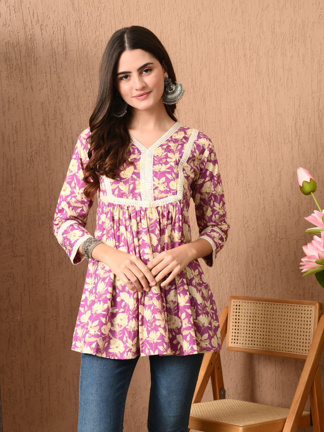 Purple Floral Print Lace Work cotton Top