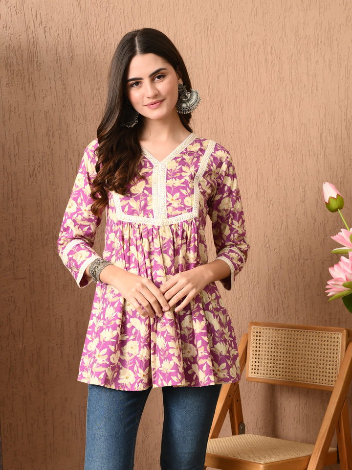 Purple Floral Print Lace Work cotton Top
