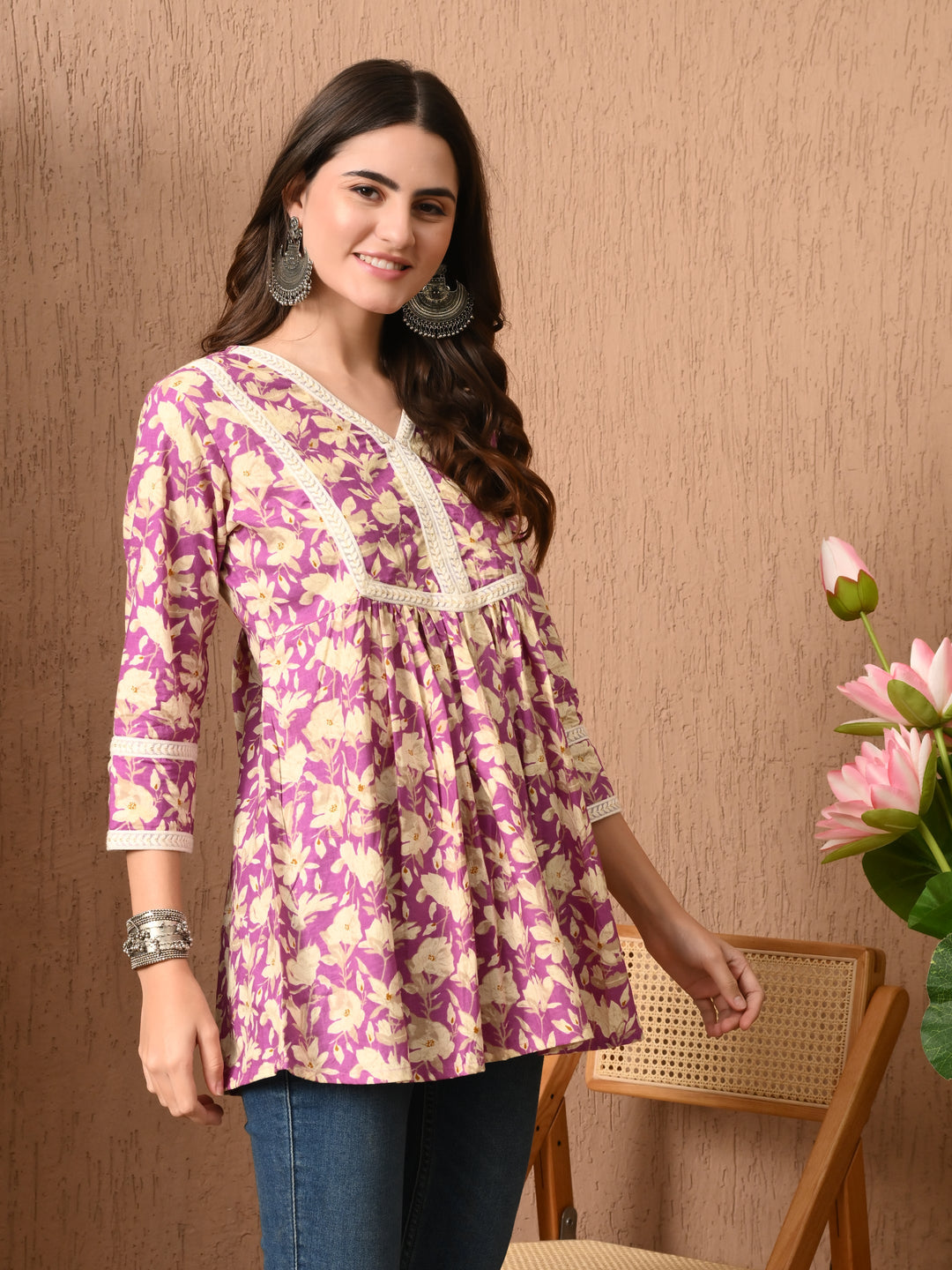Purple Floral Print Lace Work cotton Top