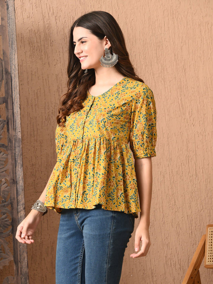 Yellow Floral Print Cotton top