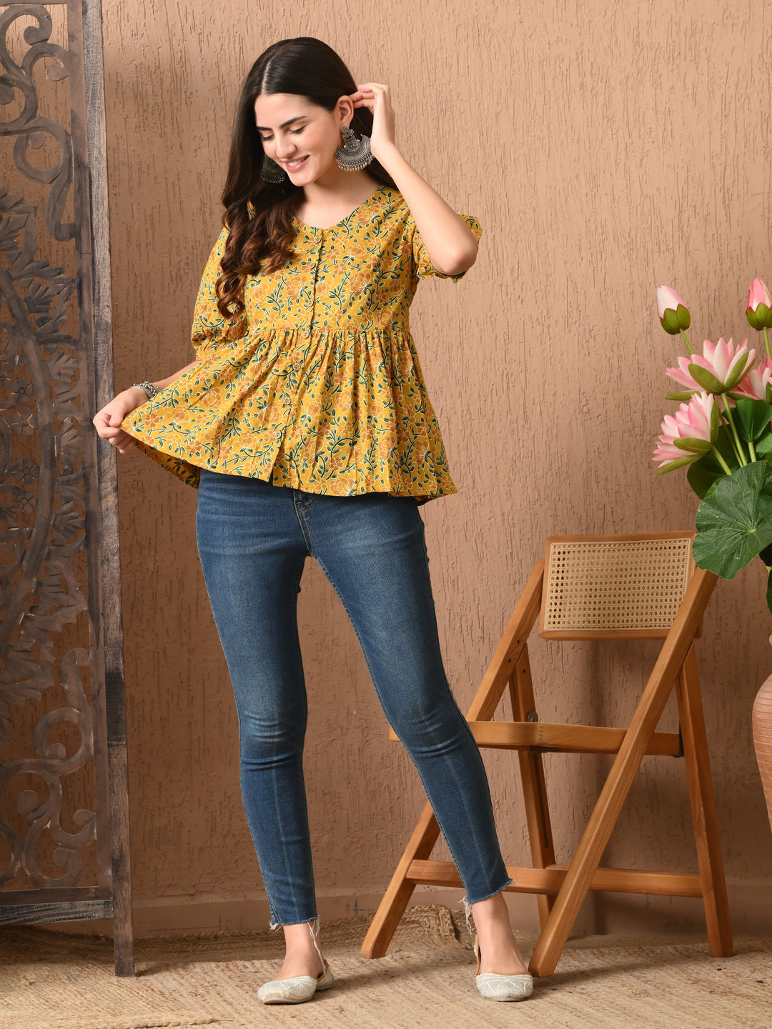 Yellow Floral Print Cotton top