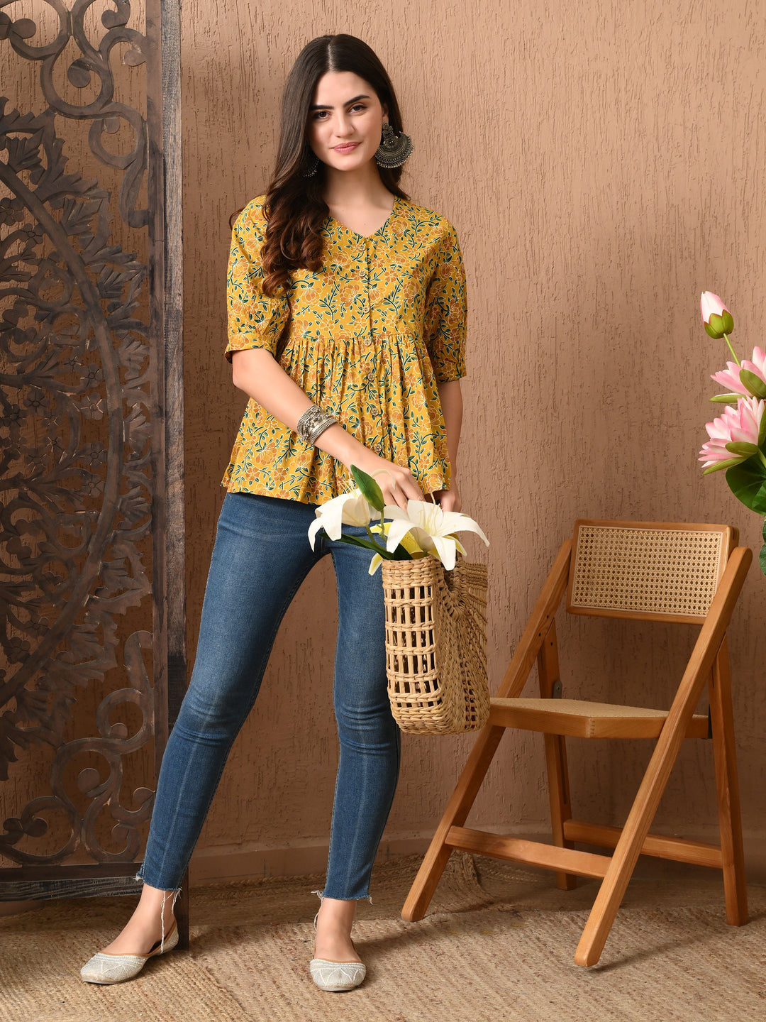Yellow Floral Print Cotton top