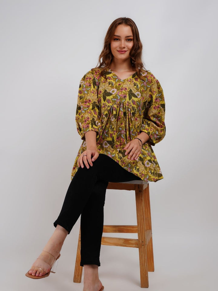 Yellow Floral printed A-Line Top