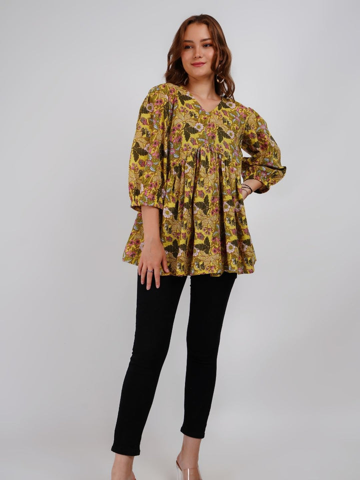 Yellow Floral printed A-Line Top