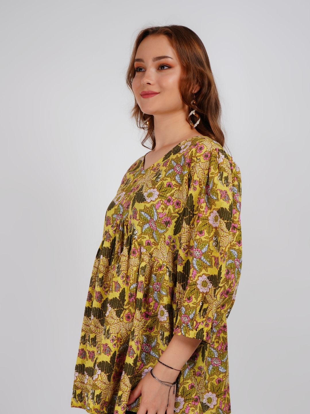 Yellow Floral printed A-Line Top