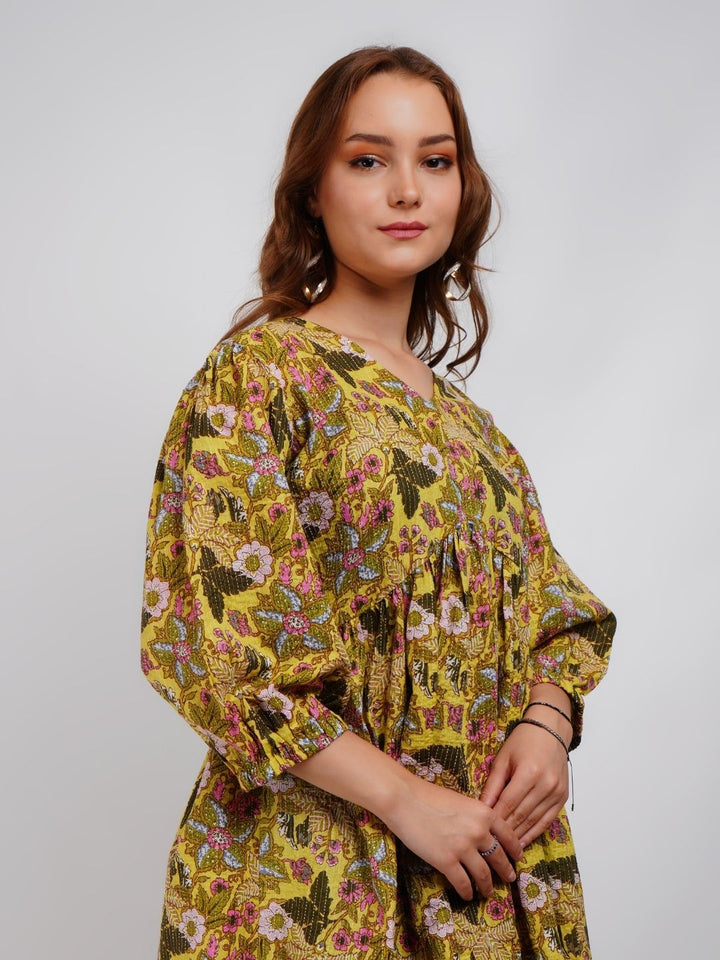 Yellow Floral printed A-Line Top