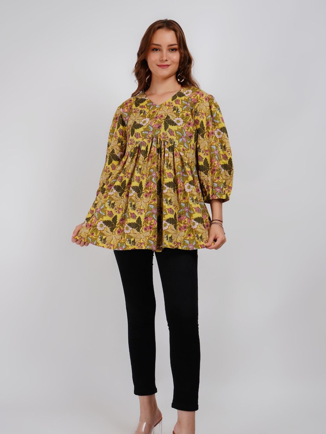 Yellow Floral printed A-Line Top