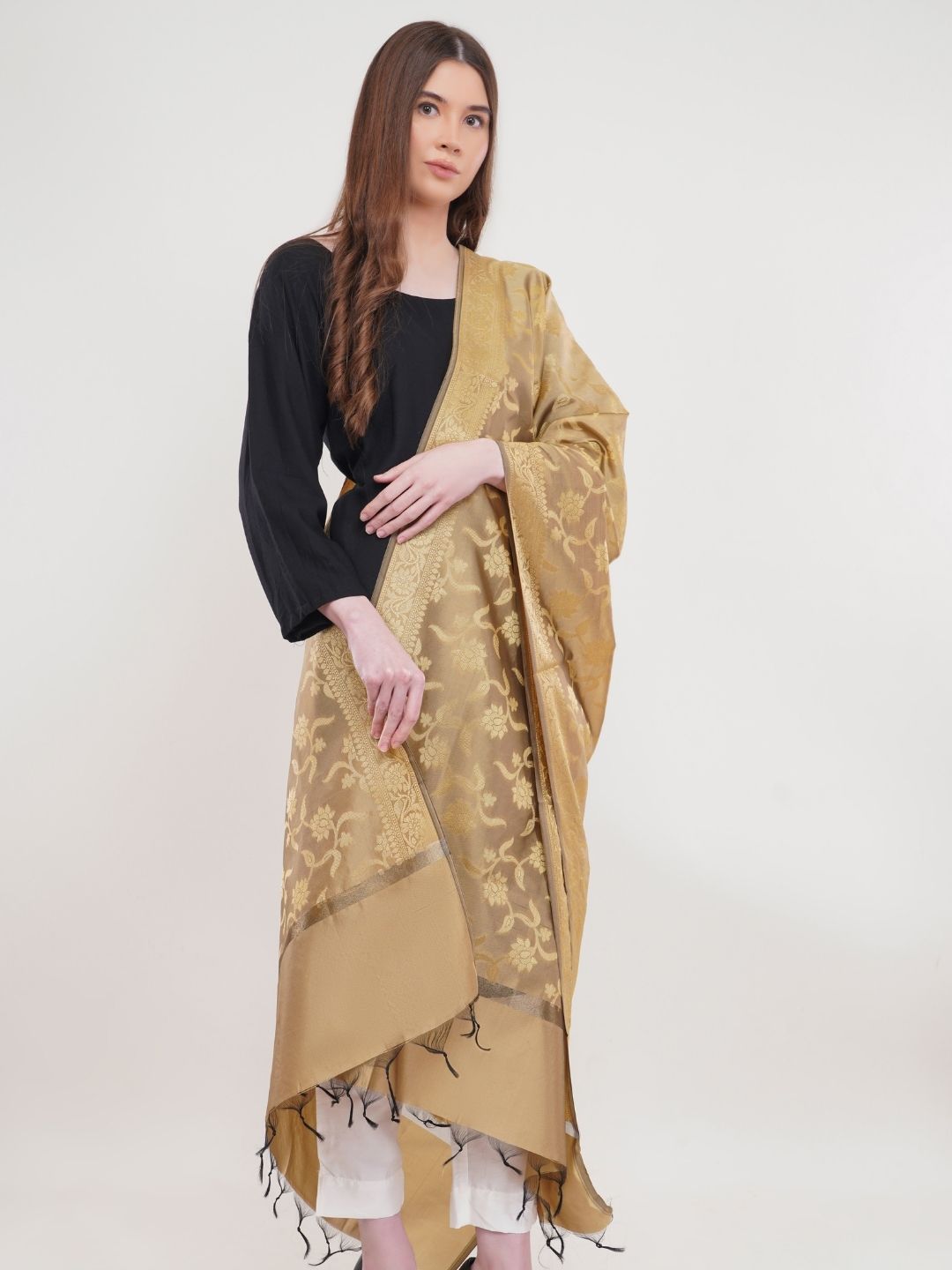 Beige Woven Design Banarasi Silk Dupatta