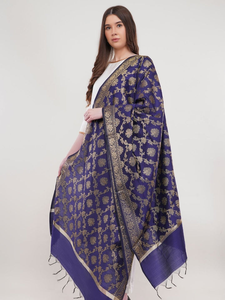 Blue Woven Design Gold Toned Banarasi Silk Dupatta