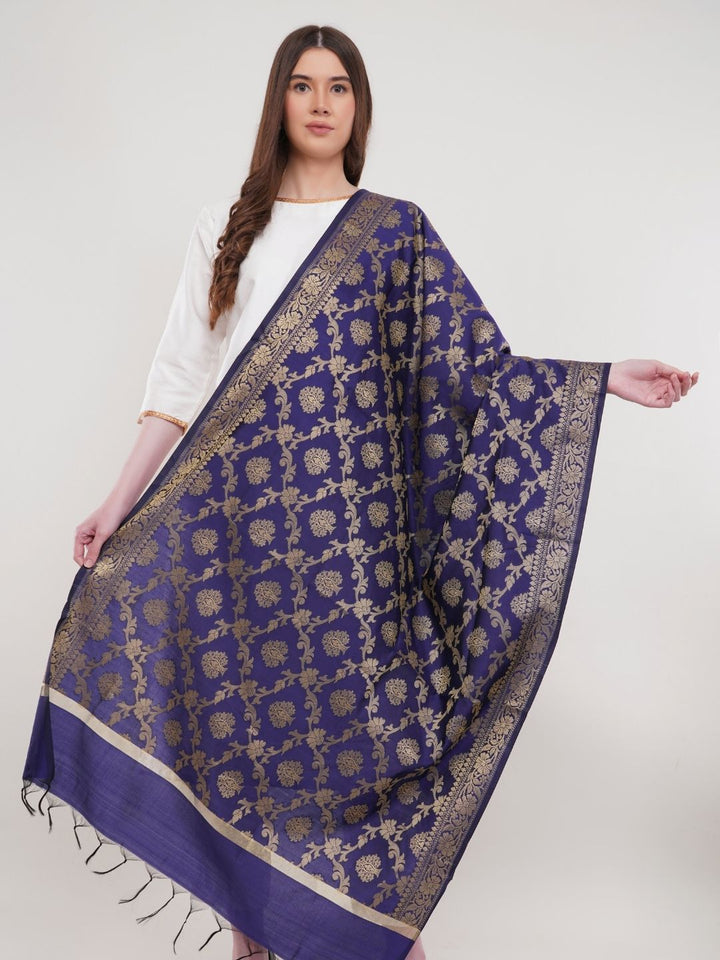 Blue Woven Design Gold Toned Banarasi Silk Dupatta