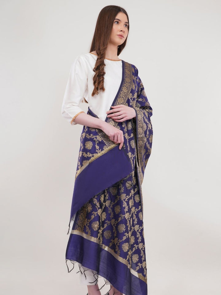 Blue Woven Design Gold Toned Banarasi Silk Dupatta