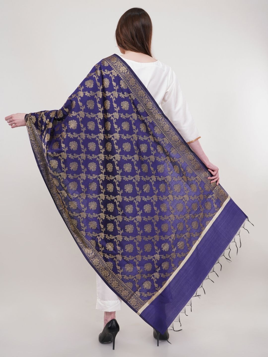 Blue Woven Design Gold Toned Banarasi Silk Dupatta