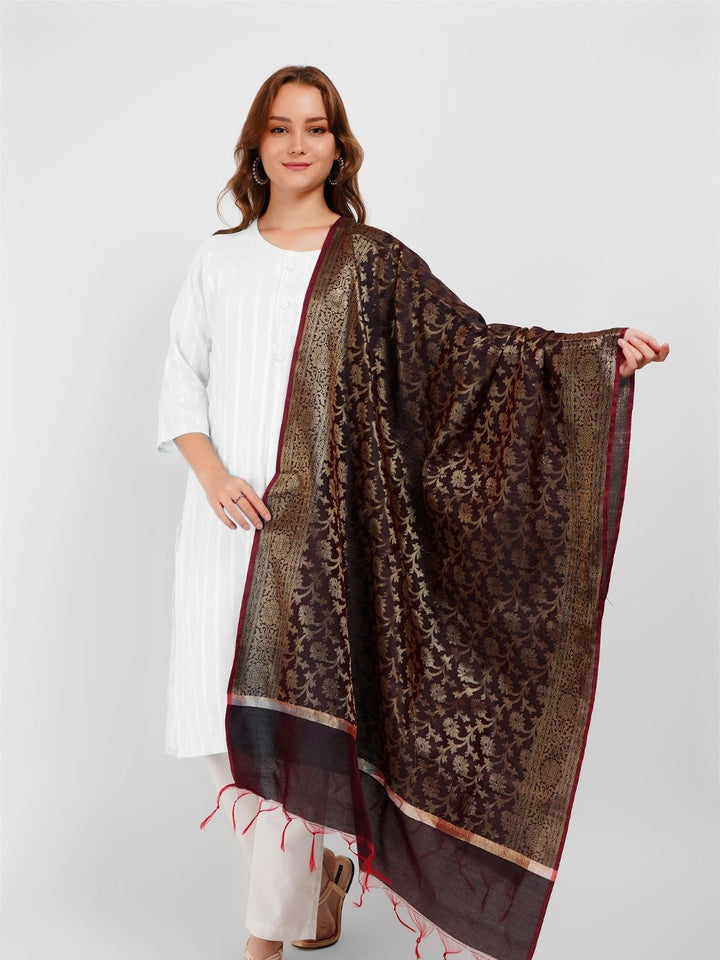 Brown Woven Design Banarasi Silk Dupatta