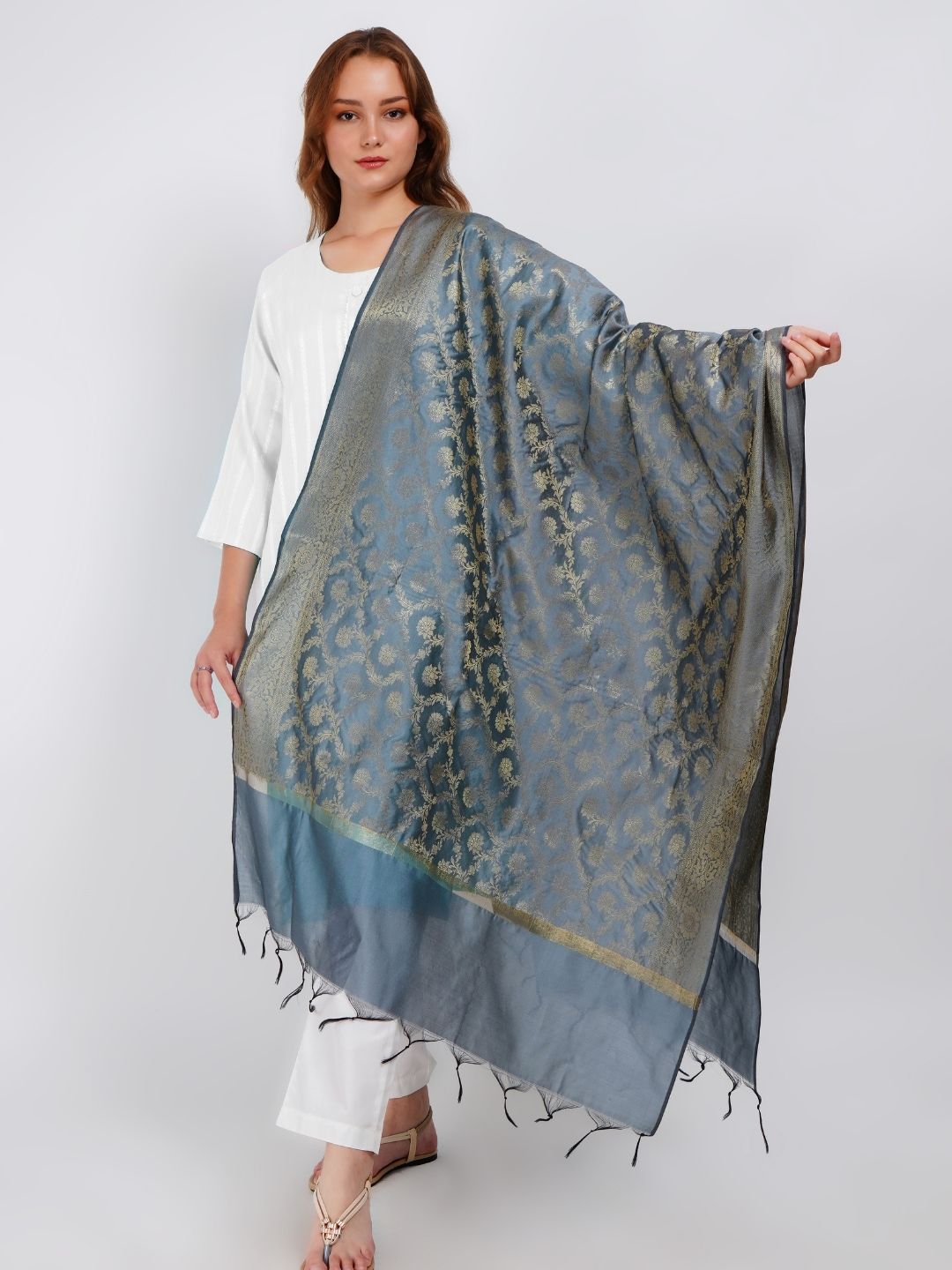 Grey Woven Design Banarasi Silk Dupatta