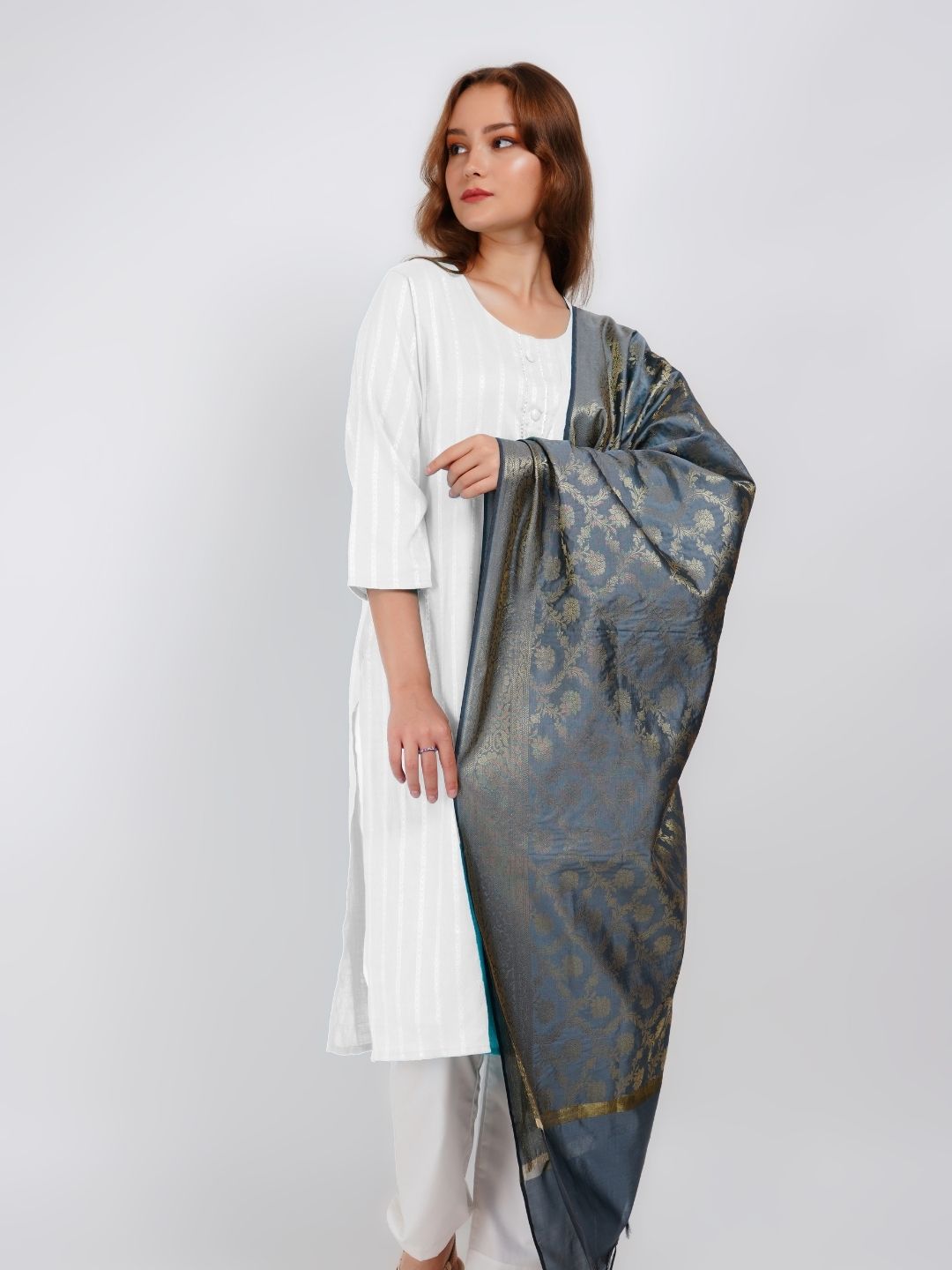 Grey Woven Design Banarasi Silk Dupatta