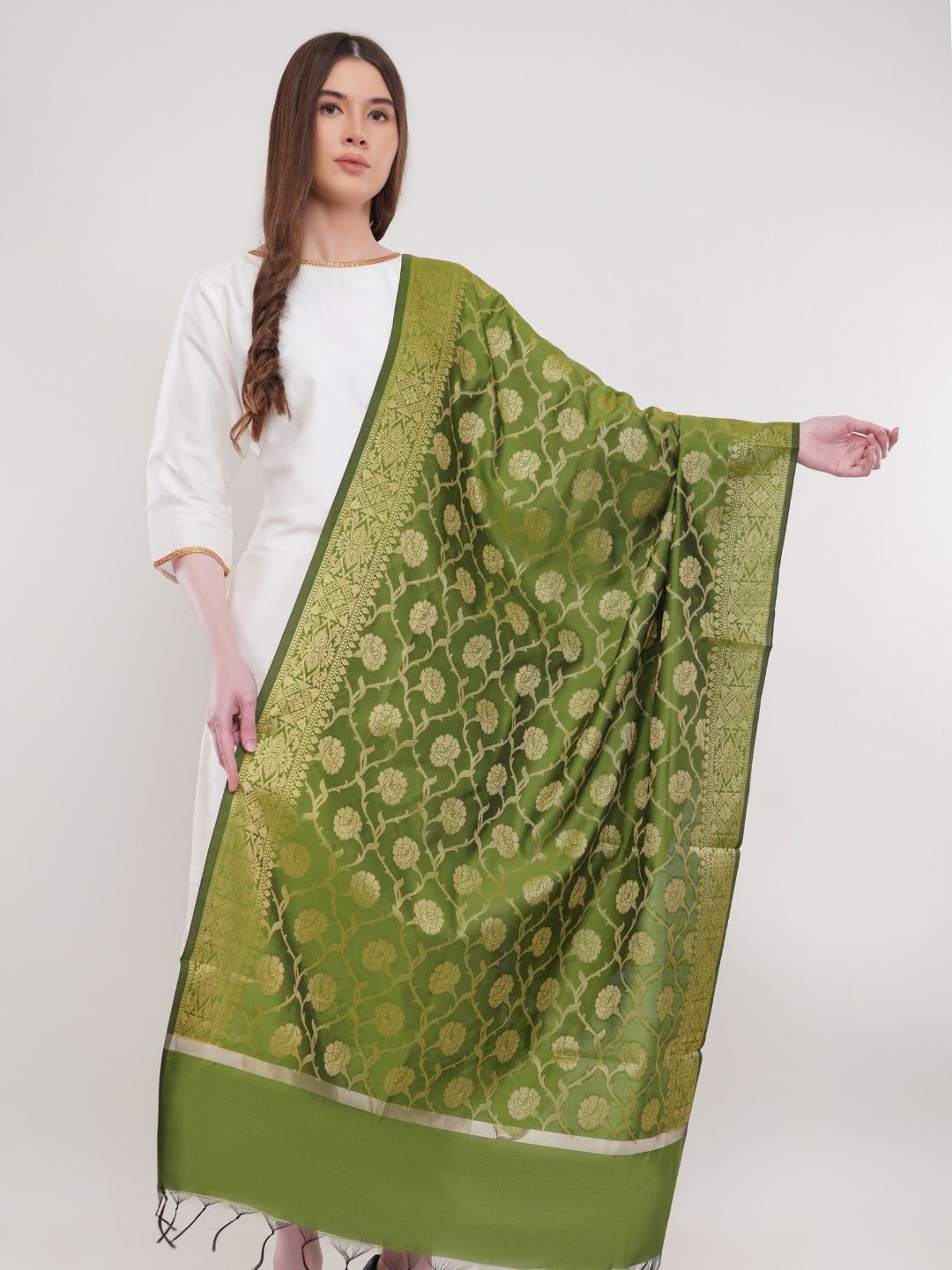 Light Green Woven Design Gold toned  Banarasi Silk Dupatta