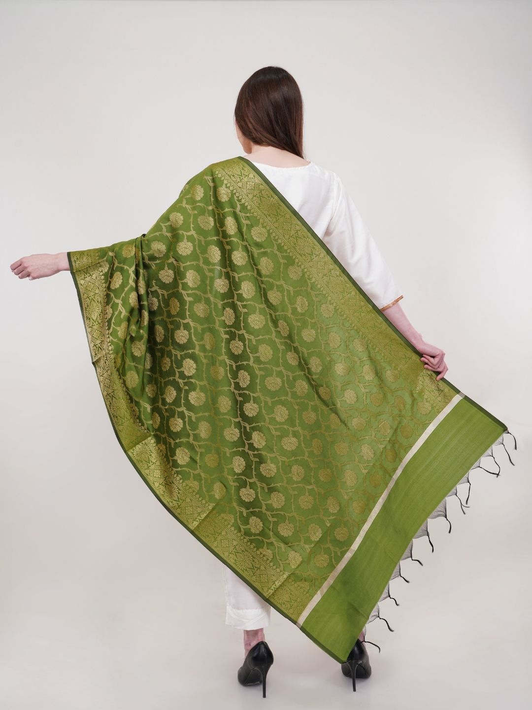 Light Green Woven Design Gold toned  Banarasi Silk Dupatta