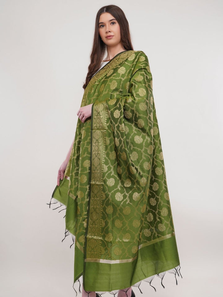 Light Green Woven Design Gold toned  Banarasi Silk Dupatta