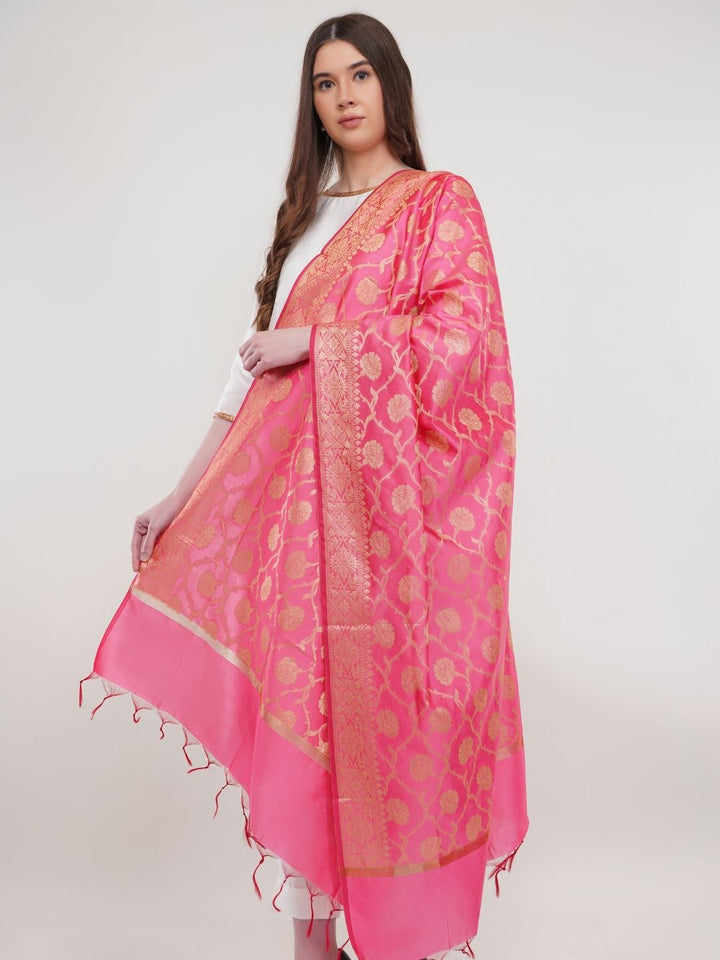 Pink Woven Design Banarasi Silk Dupatta