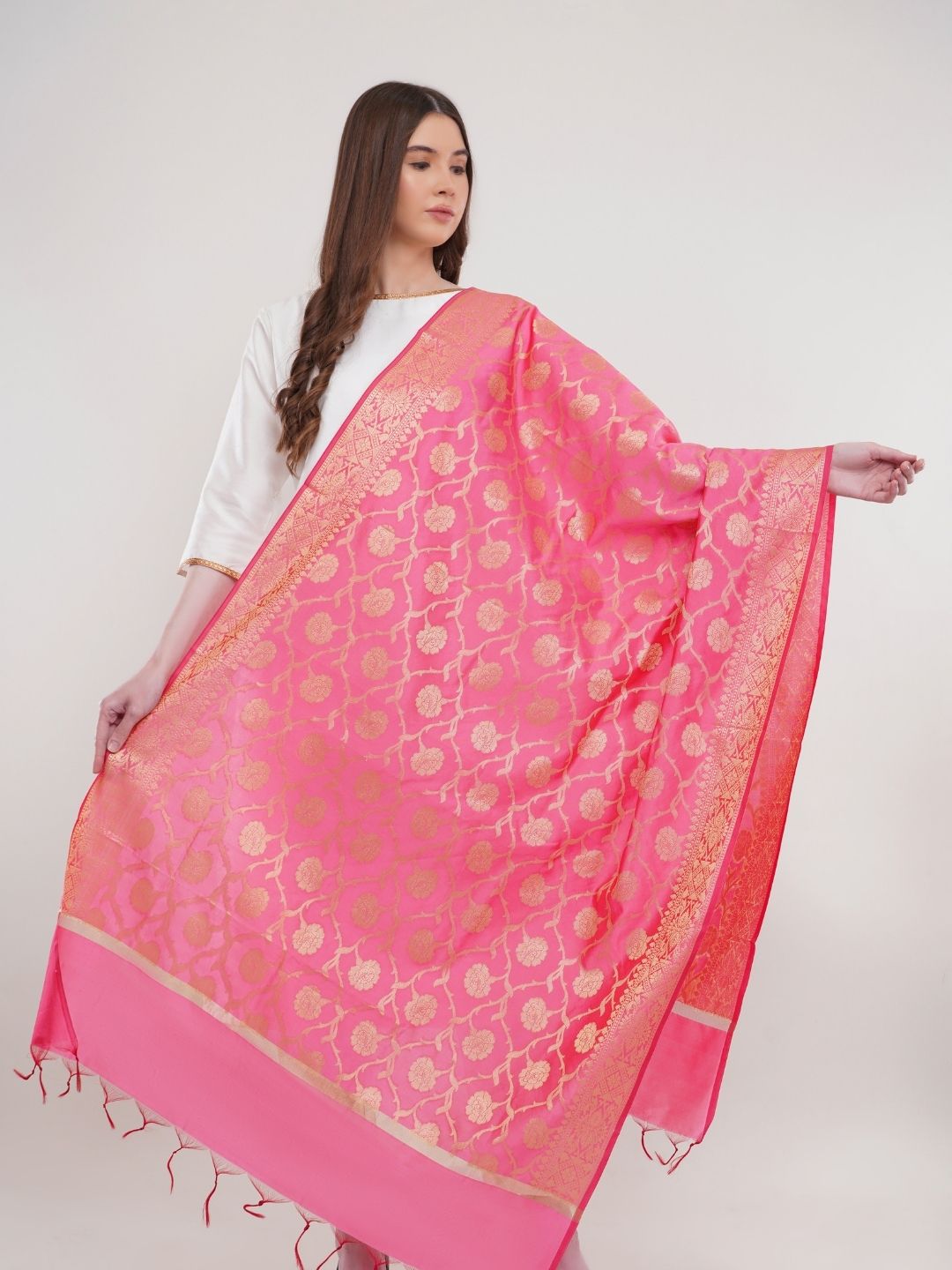 Pink Woven Design Banarasi Silk Dupatta