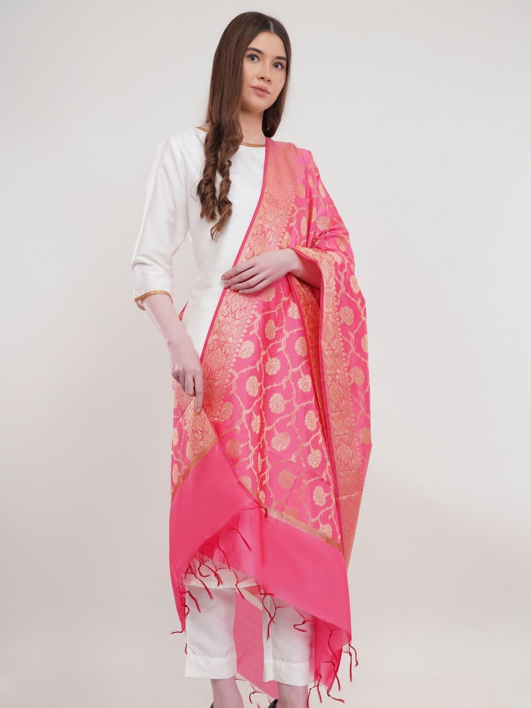 Pink Woven Design Banarasi Silk Dupatta