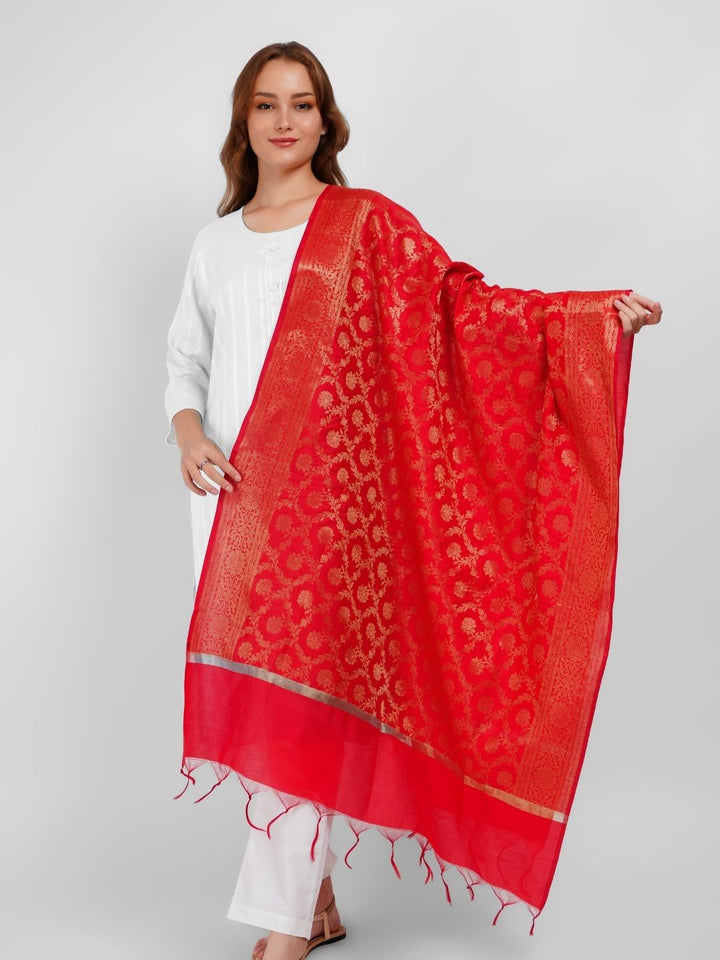 Red Woven Design Gold Toned Banarasi Silk Dupatta