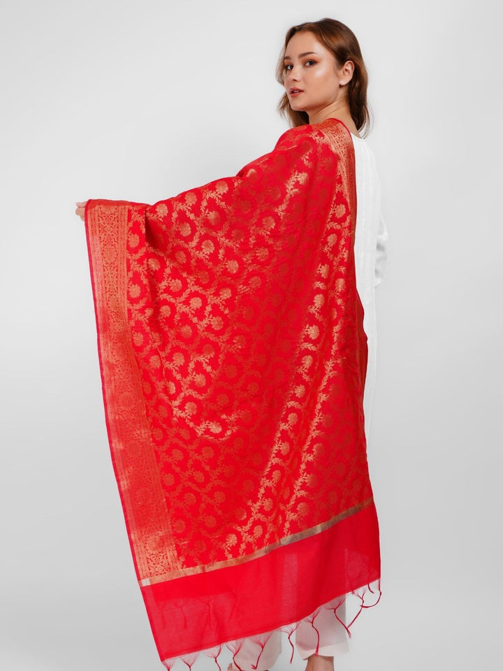 Red Woven Design Gold Toned Banarasi Silk Dupatta