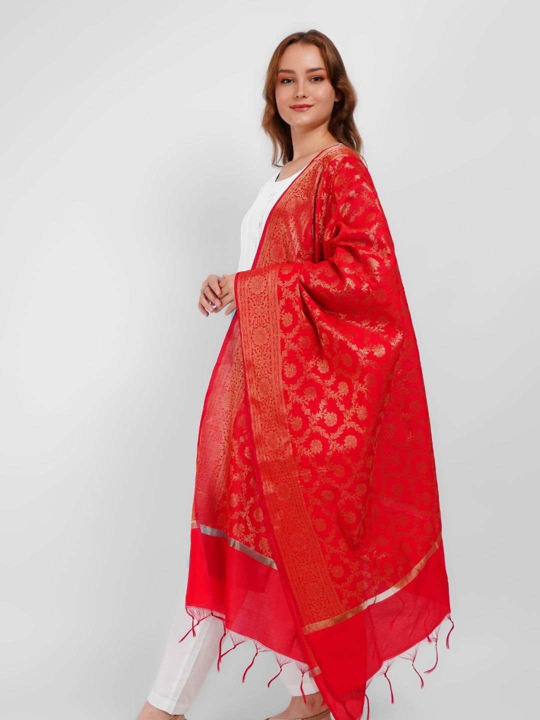 Red Woven Design Gold Toned Banarasi Silk Dupatta