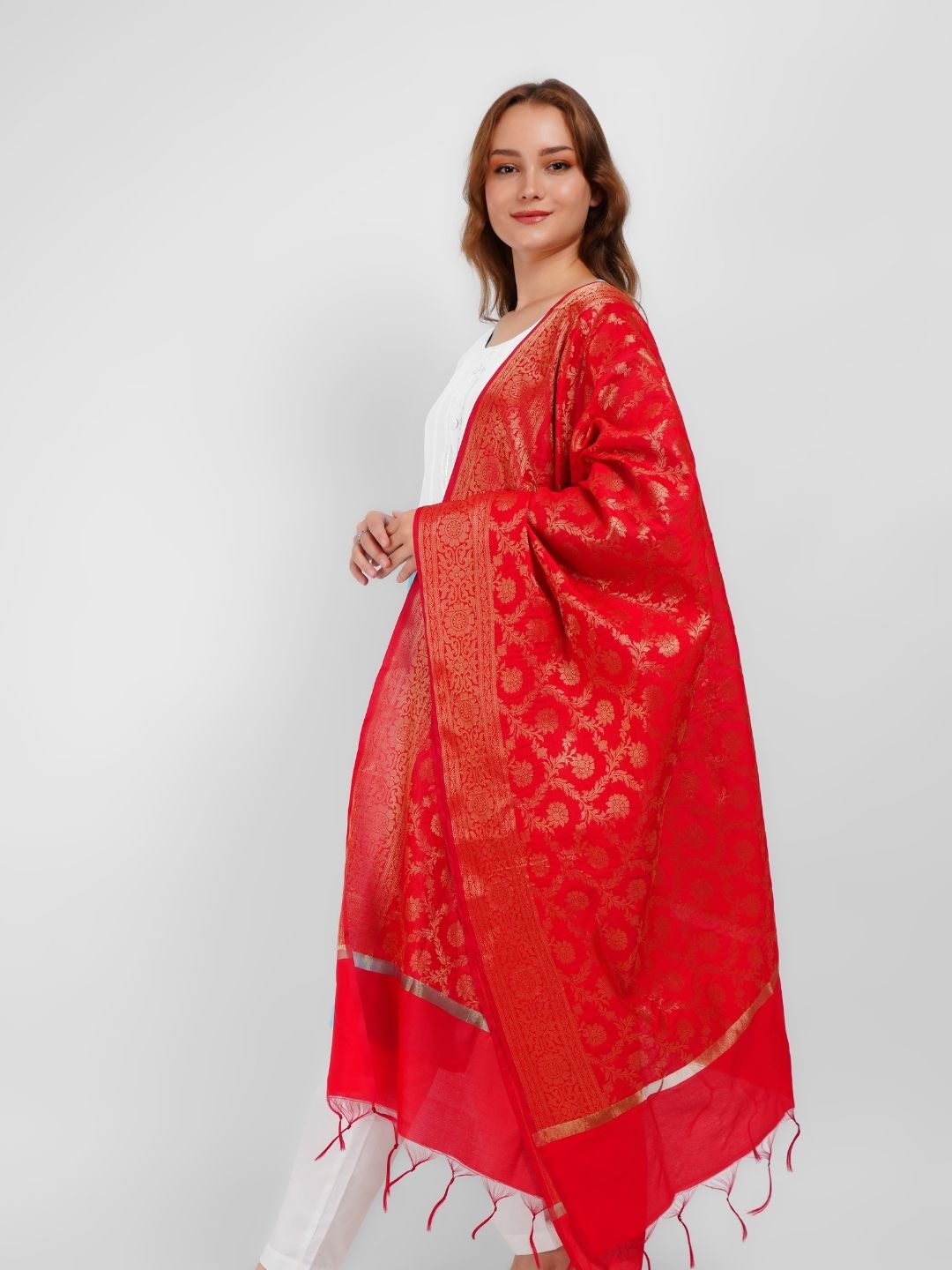 Red Woven Design Gold Toned Banarasi Silk Dupatta