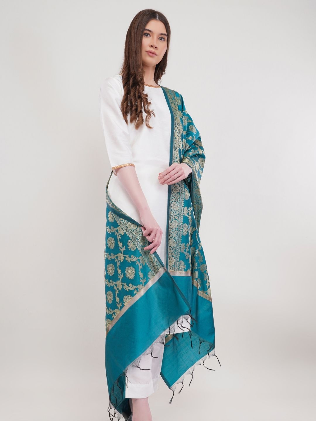 Teal Woven Design Banarasi Silk Dupatta