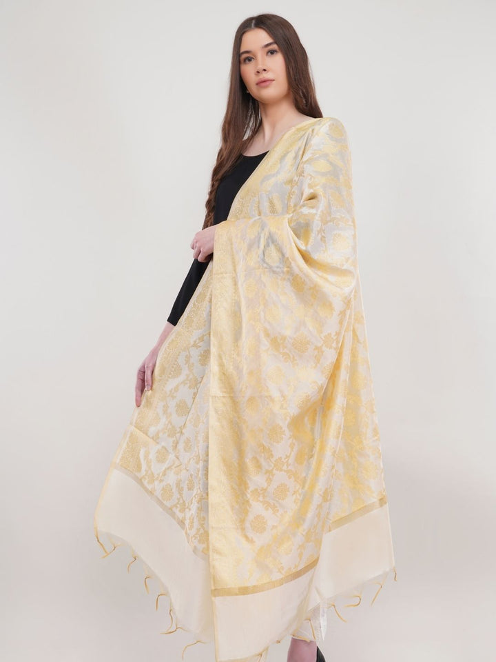 White Woven Design Gold Toned  Banarasi Silk Dupatta